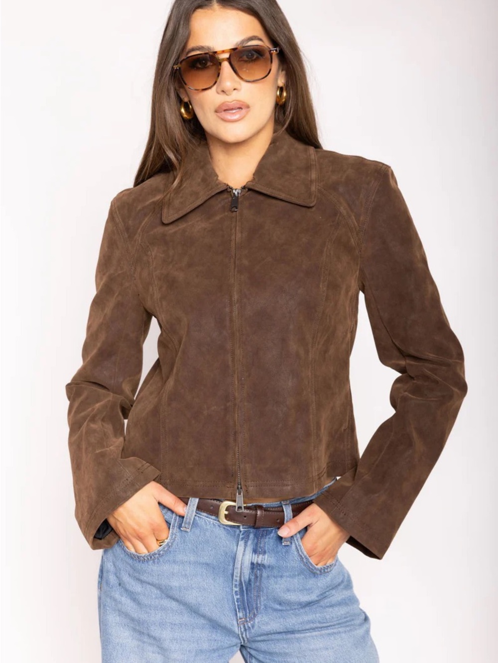 We The Free Brown Suede Zip-Front Leather Jacket